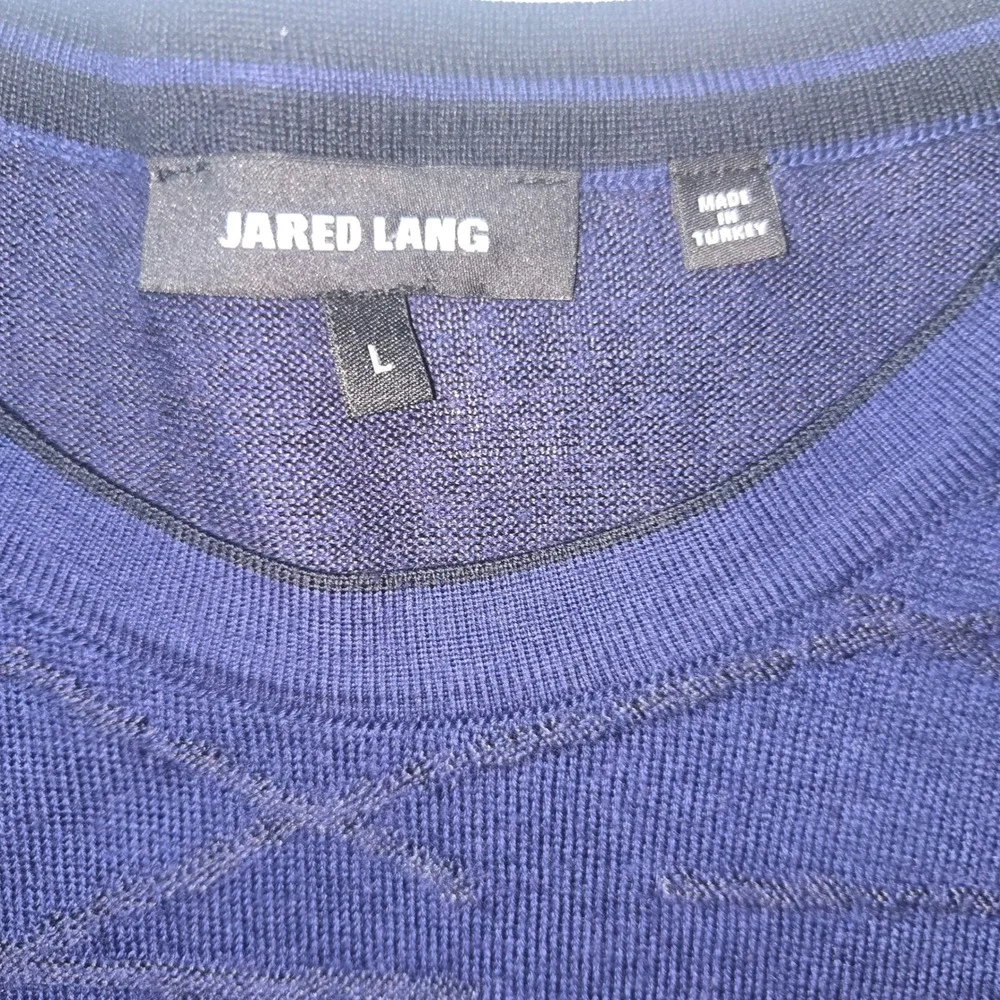 Jared Lang Mens Navy Blue Wool Blend Textured Geometric Crewneck Sweater Large